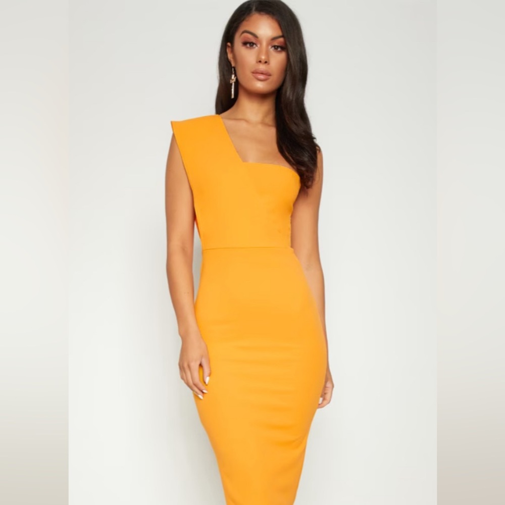 Yellow One Shoulder Draped Midi Dress